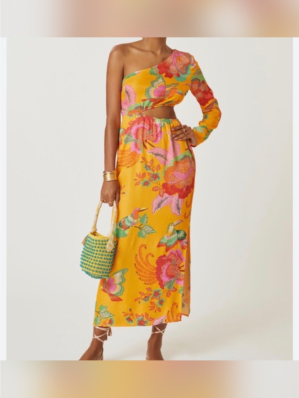 FARM Rio Yellow One-Shoulder Floral Cutout Dress with Pink & Green Accents